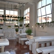 Restaurante com móveis de papelão